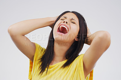 Buy stock photo Crying, screaming and sad woman with stress, crisis and depression in studio and grey background. Broken heart, sorrow and emotional girl frustrated by fear, anxiety and grief with loss or bad news