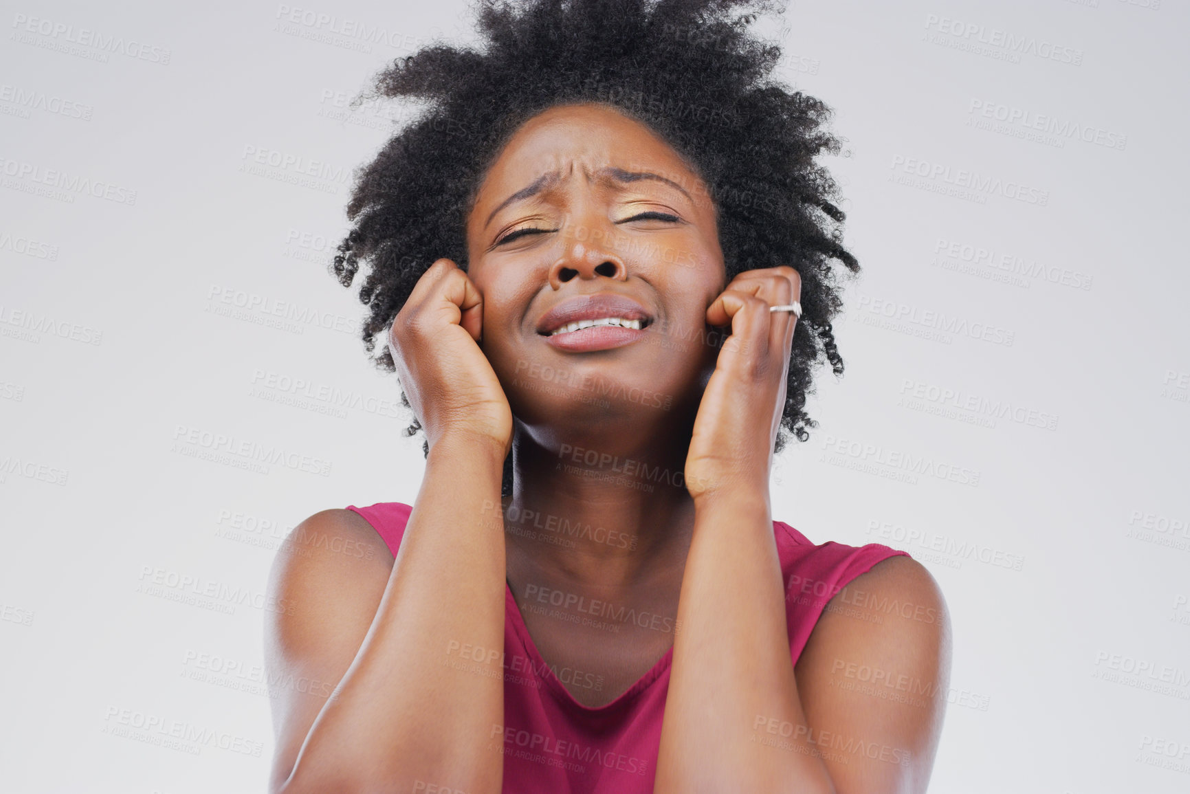 Buy stock photo Crying, afro and sad black woman in studio with depression, crisis and stress on grey background. Pain, sorrow and emotional African person frustrated by worry, anxiety or grief with loss or bad news