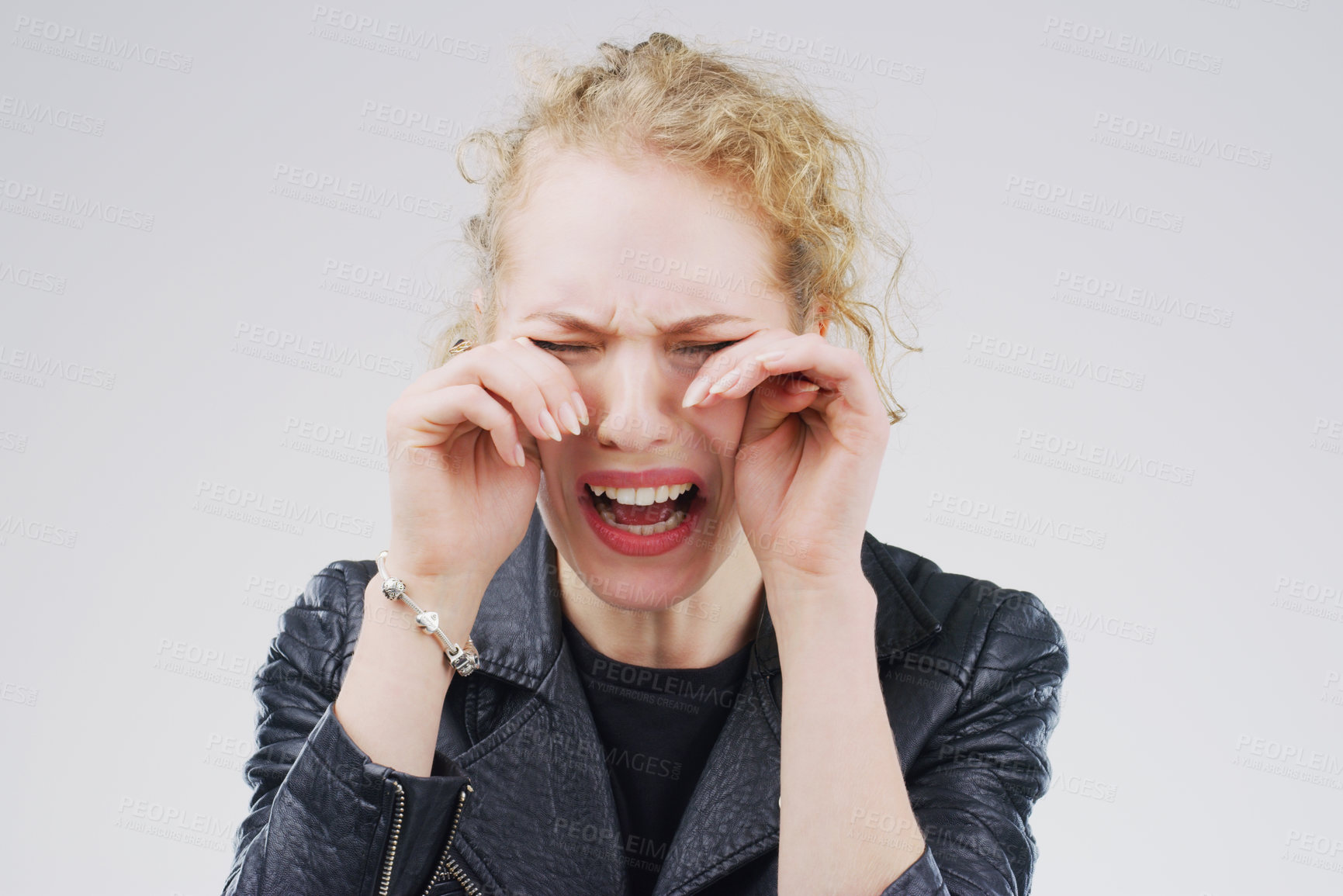 Buy stock photo Crying, upset and sad woman in studio with depression, crisis and stress for debt on grey background. Pain, sorrow and emotional person frustrated by worry, anxiety or grief with loss or bad news