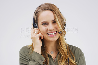 Buy stock photo Studio, woman and virtual assistant in portrait with smile, headset and happy on white background. Female person, consultant and advisor for support, information and crm with mic for communication
