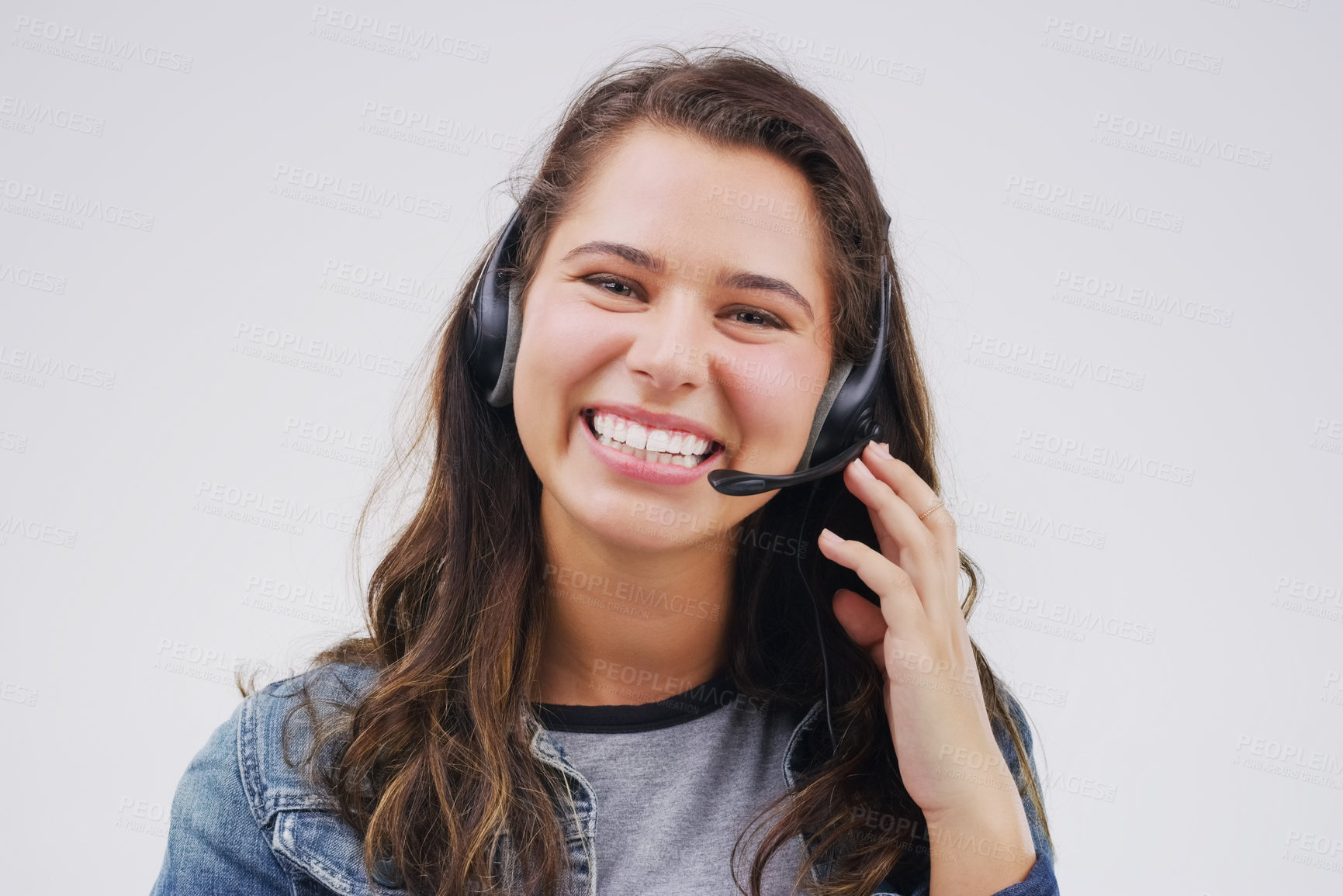 Buy stock photo Portrait, woman and telemarketer in studio with smile, headset and happy on white background. Female person, consultant and advisor for support, information and crm with mic for communication