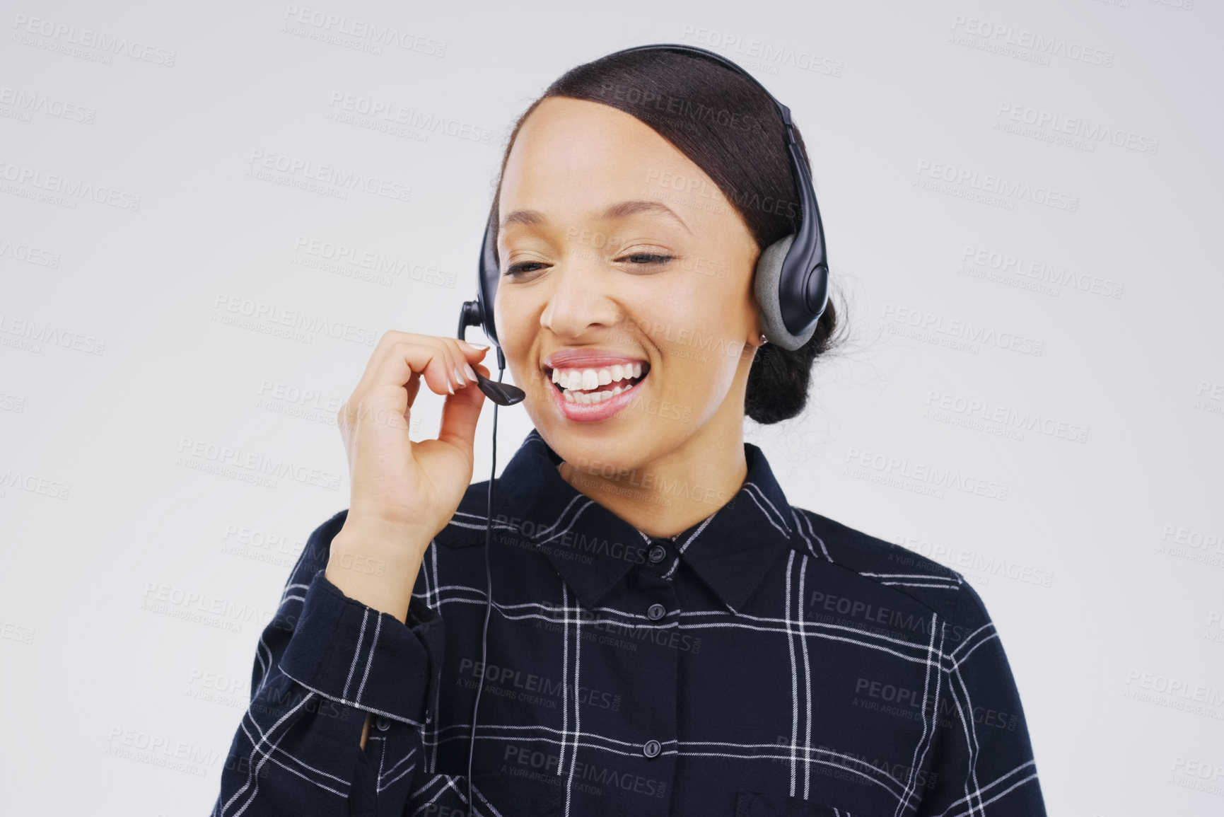 Buy stock photo Woman, smile and headset in call center on white background with telemarketing or consultant. Customer sales, service and technology with voip for contact on internet with telemarketer in Sweden