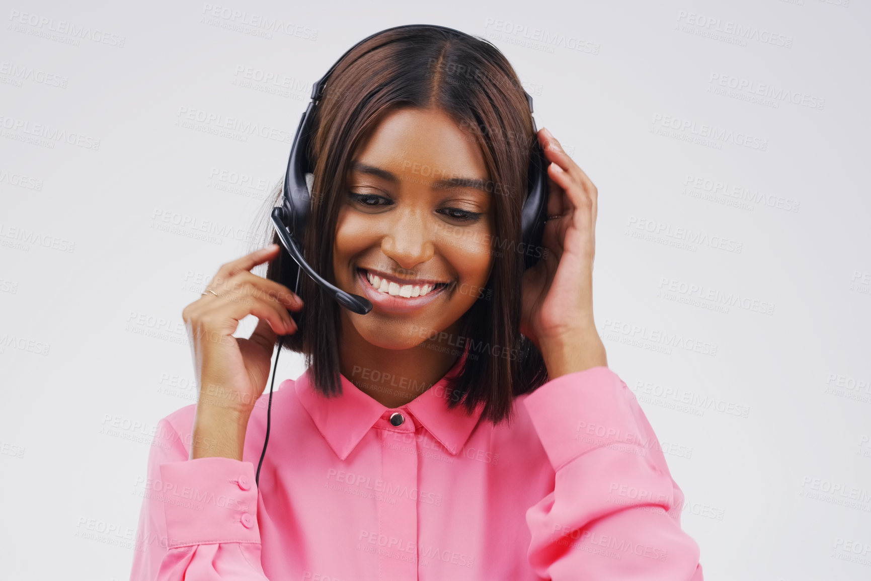 Buy stock photo Woman, headset and smile in call center on white background with happy telemarketing operator. Customer support, consulting and technology or voip for contact on internet with telemarketer in London