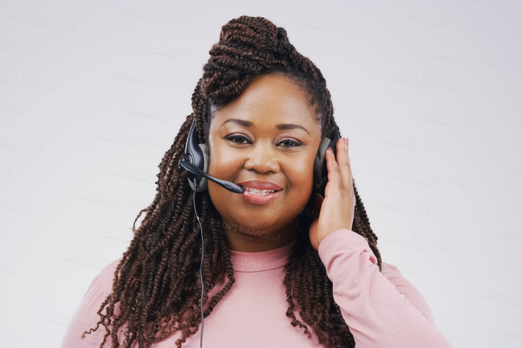 Buy stock photo Black woman, portrait and headset for call centre, communication and smile by white background. Virtual assistant, female person and happy with microphone for talking, crm agent and consultant 