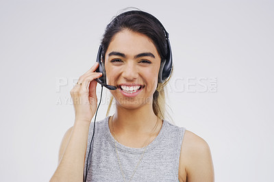 Buy stock photo Portrait, woman and sales assistant in studio with smile, headset and happy on white background. Female person, consultant and advisor for support, information and crm with mic for communication