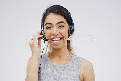 Buy stock photo Portrait, woman and headset for call centre, communication and smile by white background. Gen z, female person and happiness with microphone for talking, crm agent and virtual assistant in studio 