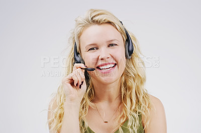 Buy stock photo Call center, woman and smile in studio portrait with headset, listening and tech support by white background. Female agent, telemarketing and customer service with mic, voip and happy for consulting