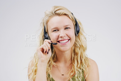 Buy stock photo Call center, woman or consultant in studio portrait with headset, smile and tech support by background. Female agent, telemarketing and customer service job with mic, voip and happy for consulting