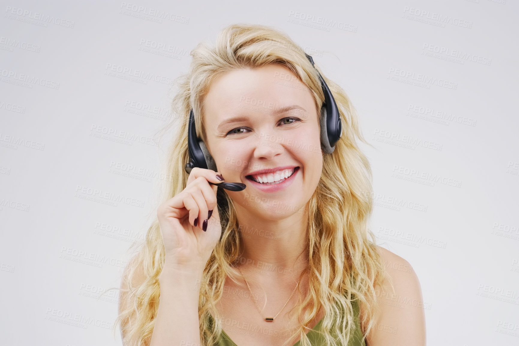 Buy stock photo Call center, woman or consultant in studio portrait with headset, smile and tech support by background. Female agent, telemarketing and customer service job with mic, voip and happy for consulting