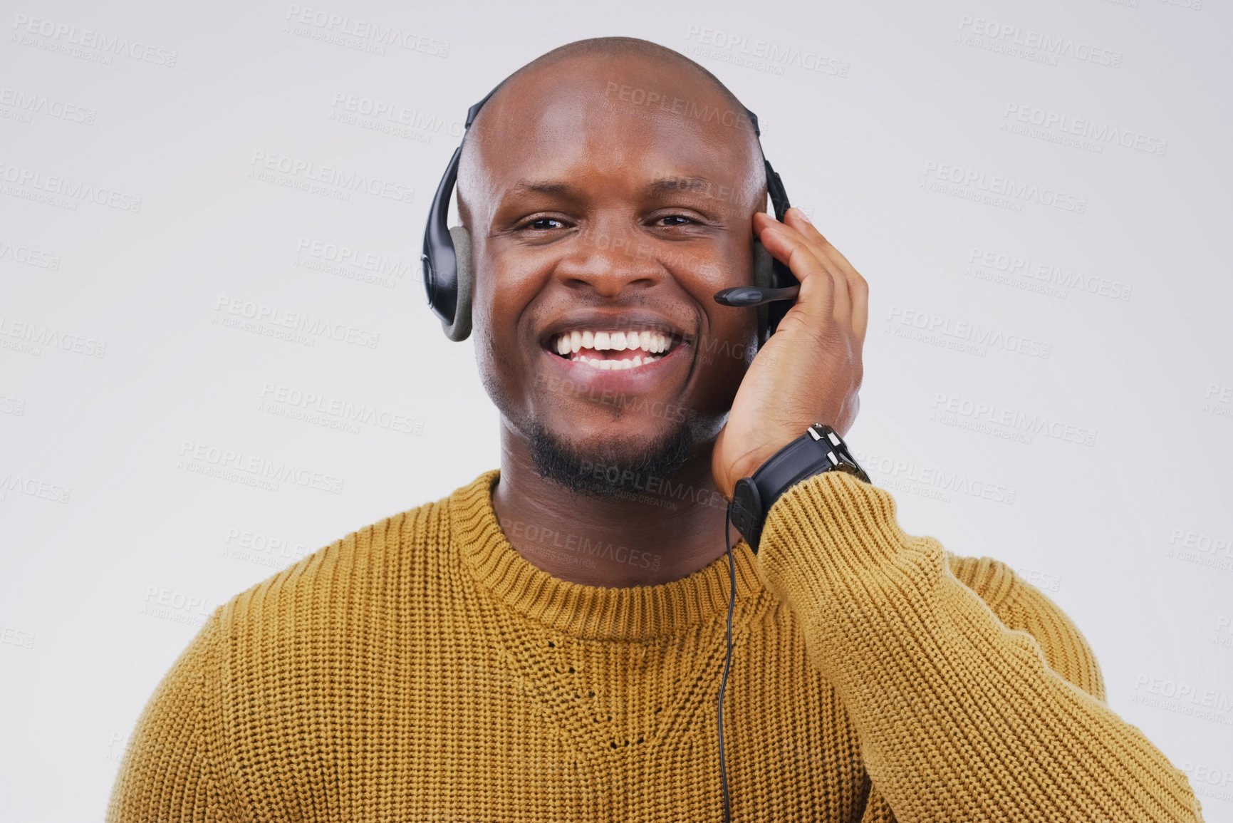 Buy stock photo African man, portrait and studio with headset for customer service or call center, smile for communication. Male person, white background and microphone with happiness for chat or telemarketing