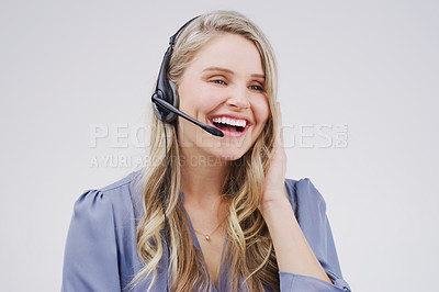 Buy stock photo Laugh, woman and headset in call center on white background with consult for telemarketing job. Technology, customer service and help with voip for contact on internet with telemarketer in Sweden.