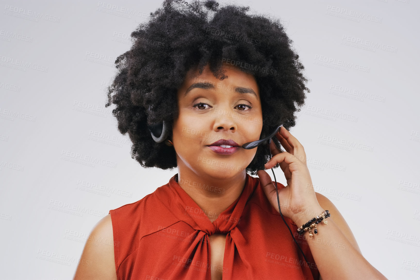 Buy stock photo Portrait, black woman and listening with headset in studio background for consultant, call centre or crm. Call, female person or virtual assistant with mic for support, connectivity or communication
