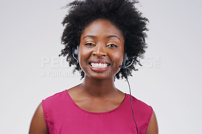 Buy stock photo Portrait, black woman and smile with headset in studio background for consultant, call centre or crm. Female person, happy and headphones with mic for support, connectivity and communication