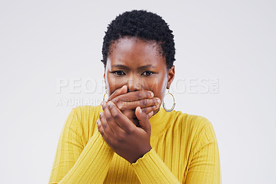 Buy stock photo Shock, bad news and female person in a studio with a omg, wow or wtf facial expression for emoji. Emotion, horror and African woman with a surprise face with hands on her mouth by white background.