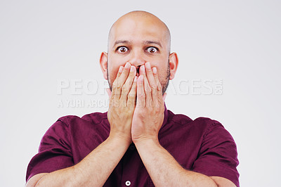 Buy stock photo Portrait, emotion and surprise with man, shocked and announcement on white studio background. Face, person and model with omg, cover mouth or gossip news with facial expression, emoji and information