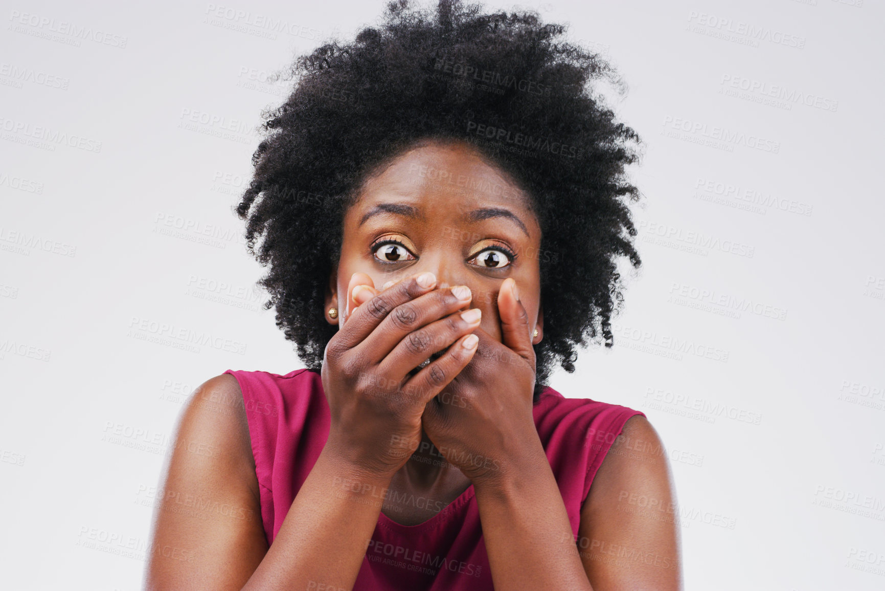 Buy stock photo African woman, portrait and shocked for news, announcement or secret in studio on white background. Girl, surprise and wtf facial expression with hands on mouth for gossip, information or crazy story