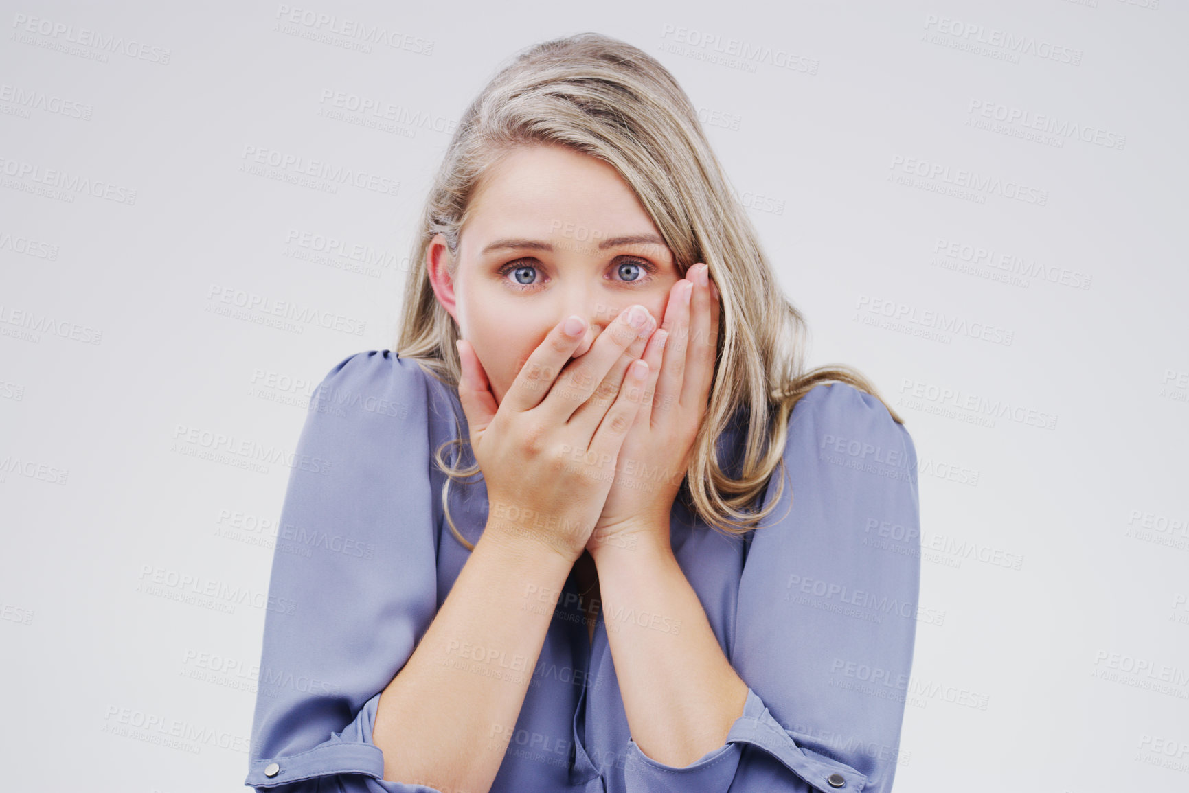 Buy stock photo Surprise, info and portrait of woman with stress for news on white background in studio. Shocked, face and college student with anxiety for mistake, fail or crazy university loan, debt or crisis