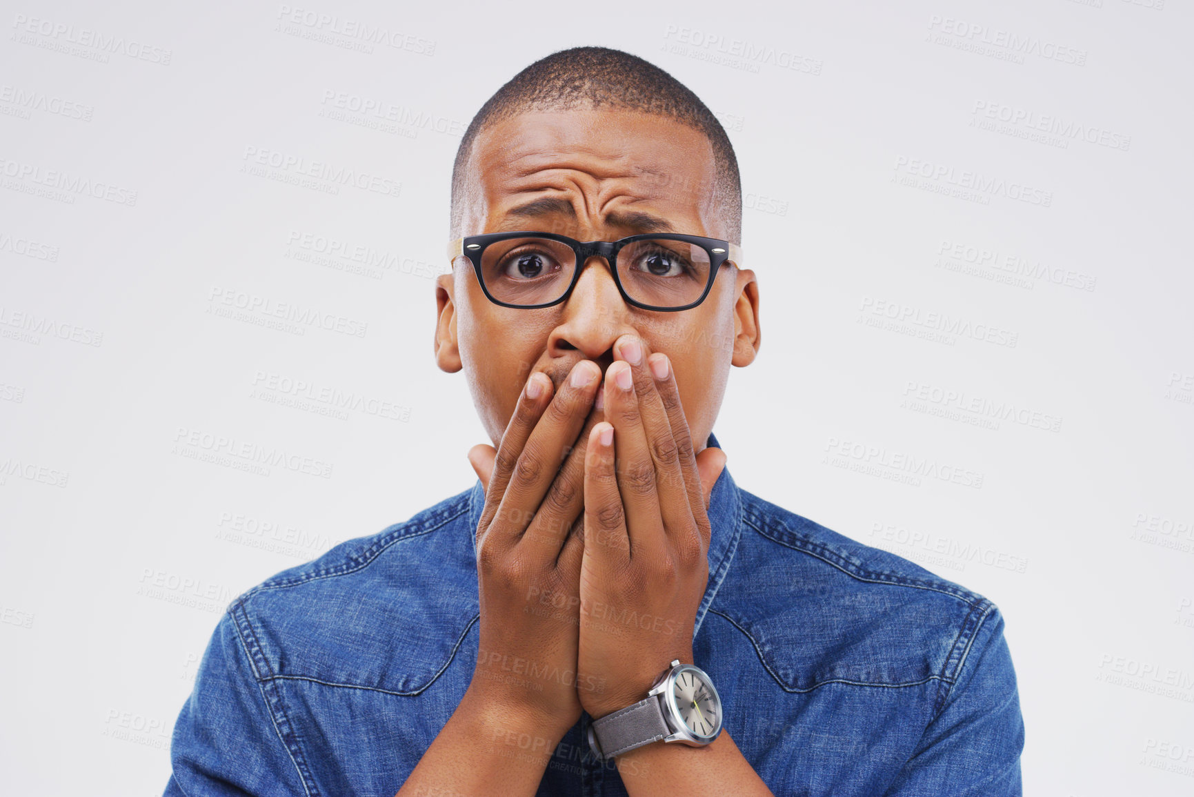 Buy stock photo Surprise, news and portrait of black man with stress for info on white background in studio. Shocked, face and businessman with anxiety for mistake, fail or crazy drama or financial crisis from debt