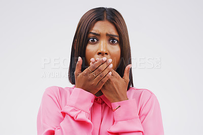 Buy stock photo Portrait, shocked and Indian woman in studio for gossip, drama or announcement on white background. Wow, covering mouth and surprised female person for fake news, wtf reaction or omg with mockup