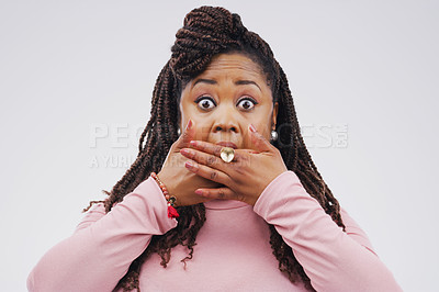 Buy stock photo Shocked, portrait and black woman in studio for gossip, drama or announcement on white background. Wow, covering mouth and surprised female person for fake news, wtf reaction or omg emoji with mockup