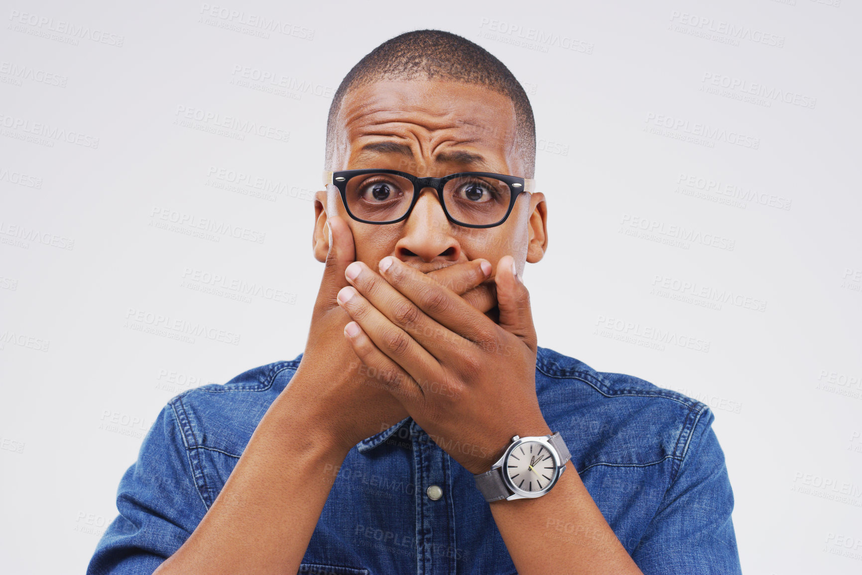 Buy stock photo Surprise, news and portrait of black man with stress for info on white background in studio. Shocked, face and college student with anxiety for mistake, fail or crazy drama at university with crisis