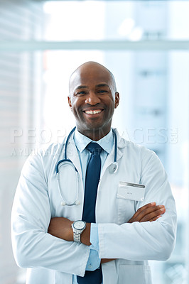 Buy stock photo Doctor, arms crossed and portrait of black man in clinic with trust for confidence, medical support or wellness. Help, medicine and physician with stethoscope for consulting, healthcare or services