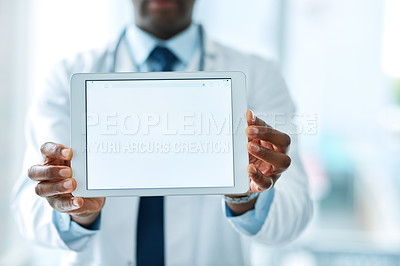 Buy stock photo Closeup shot of an unrecognizable doctor holding a digital tablet with a blank screen