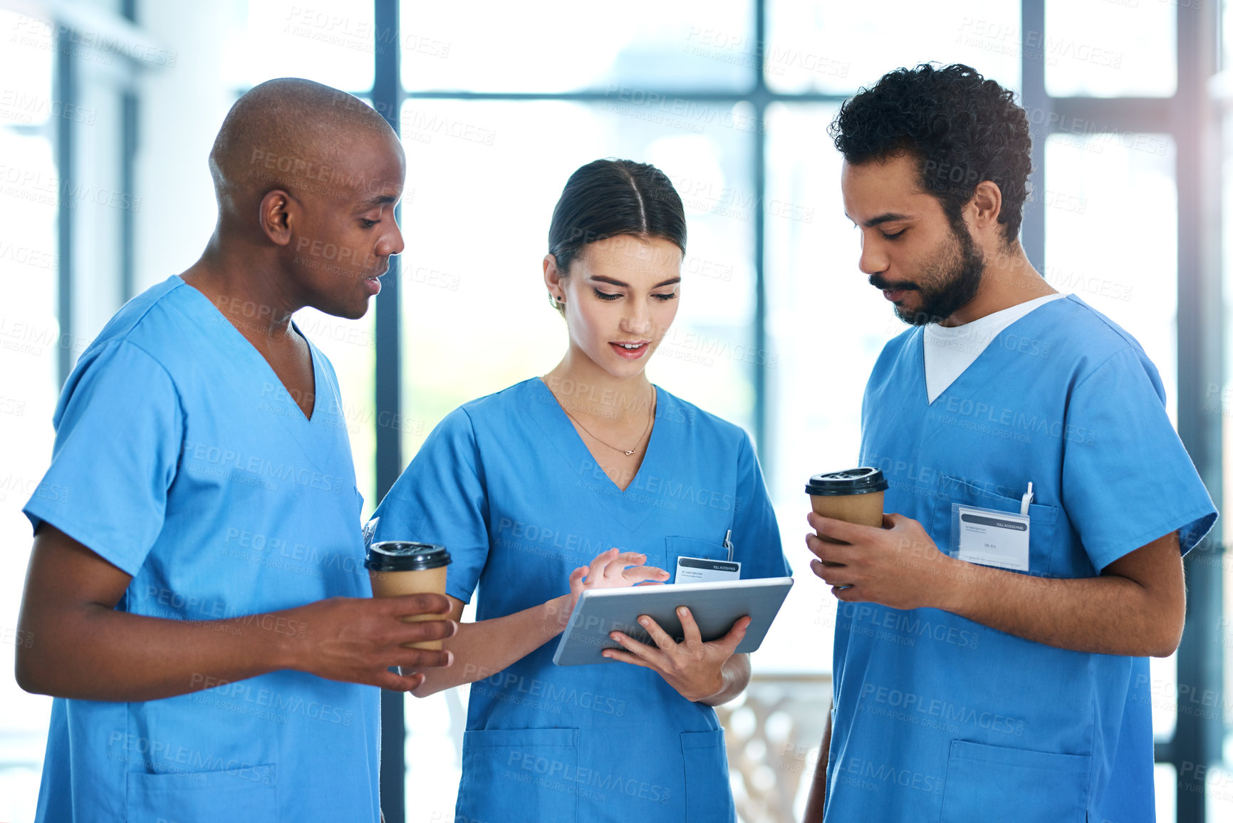 Buy stock photo Medical, people and tablet conversation in clinic, staff and discussion or health research with nurse interns together. Talking, report and help with professional employees, wellness and hospital