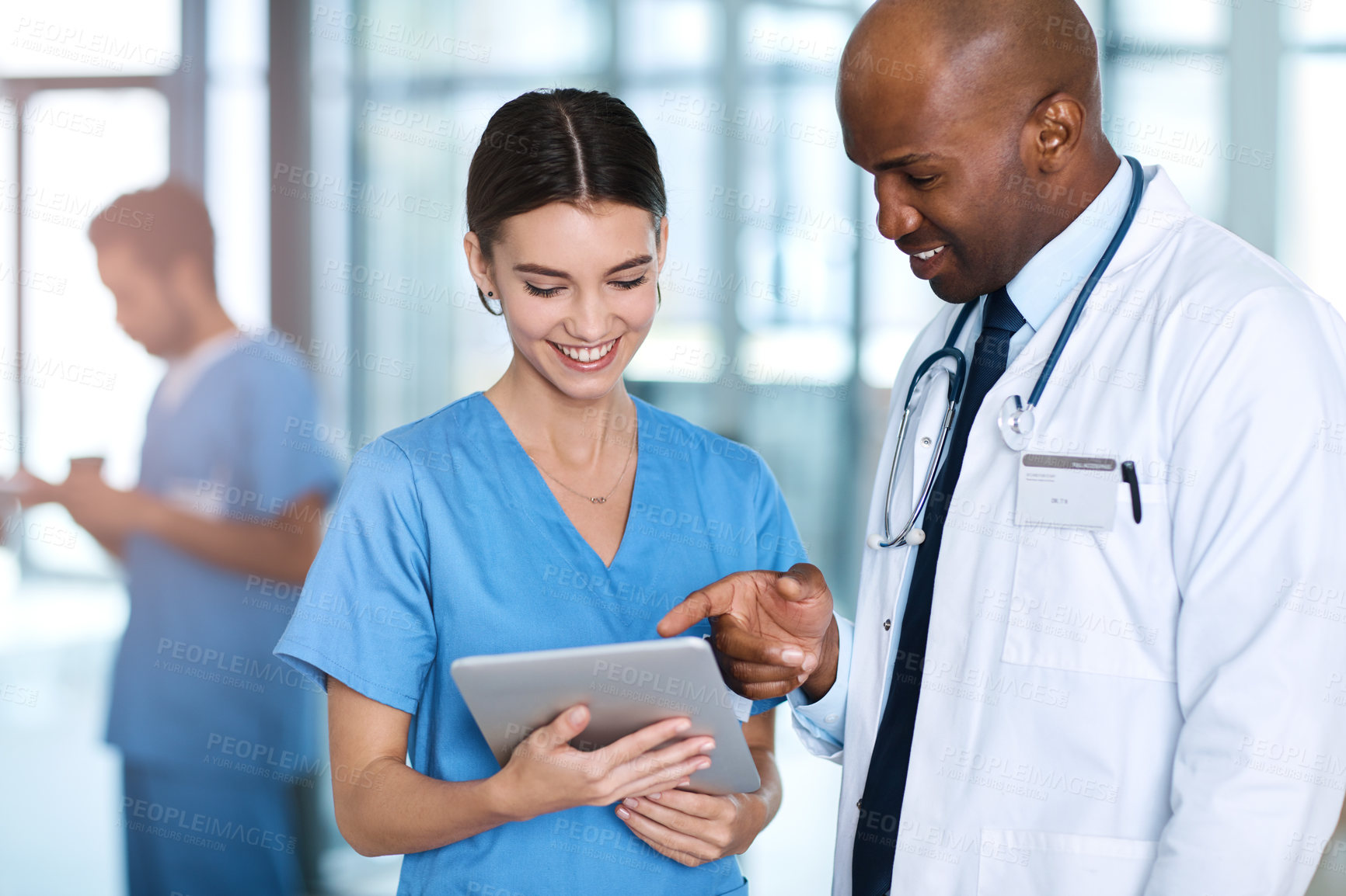 Buy stock photo Nurse, tablet and doctor in hospital as mentor with collaboration for patient, decision and healthcare. People, tech and strategy with training, teamwork and trust for wellness consultation at clinic