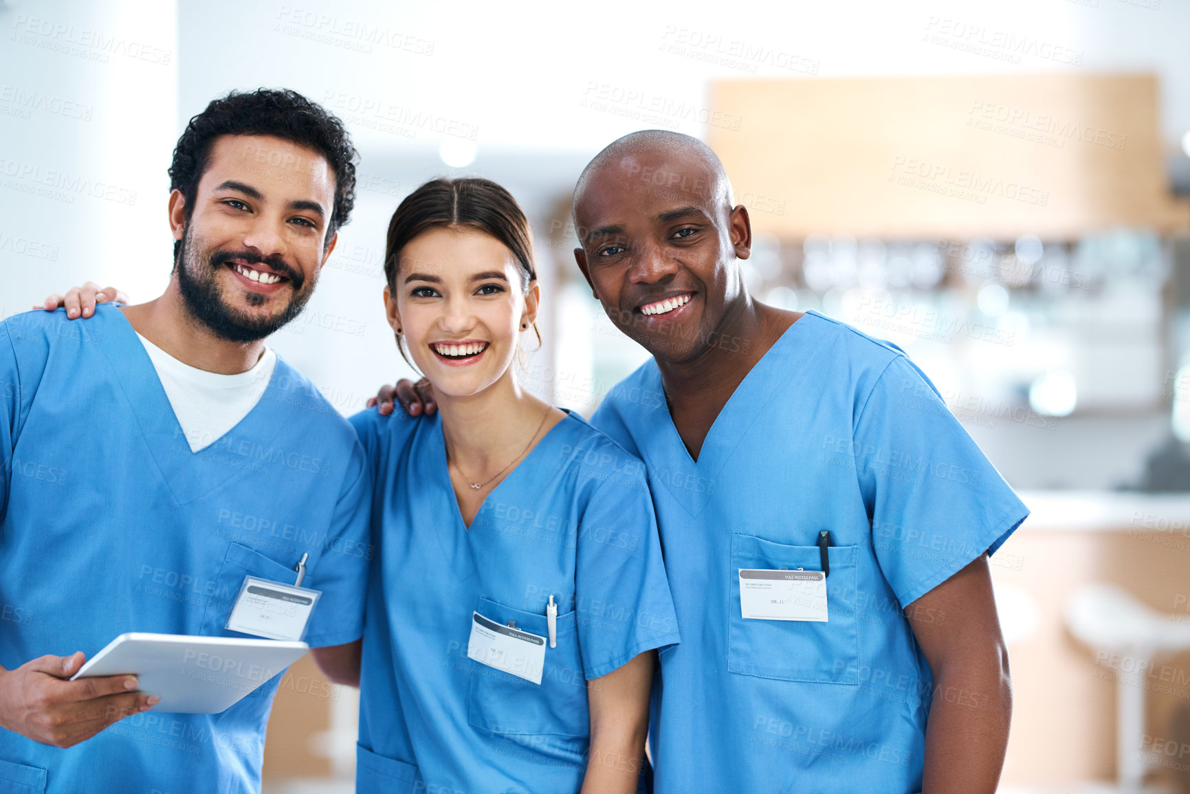 Buy stock photo Nurse, medical team and portrait with happiness, pride and diversity for surgery, patient or report. Group of people, trust and collaboration for consulting, help and healthcare in clinic or hospital