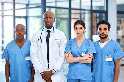 Buy stock photo Healthcare, portrait or solidarity with doctors and nurses in hospital for collaboration you can trust. Diversity, medical or service with serious man and woman medicine team in clinic for treatment