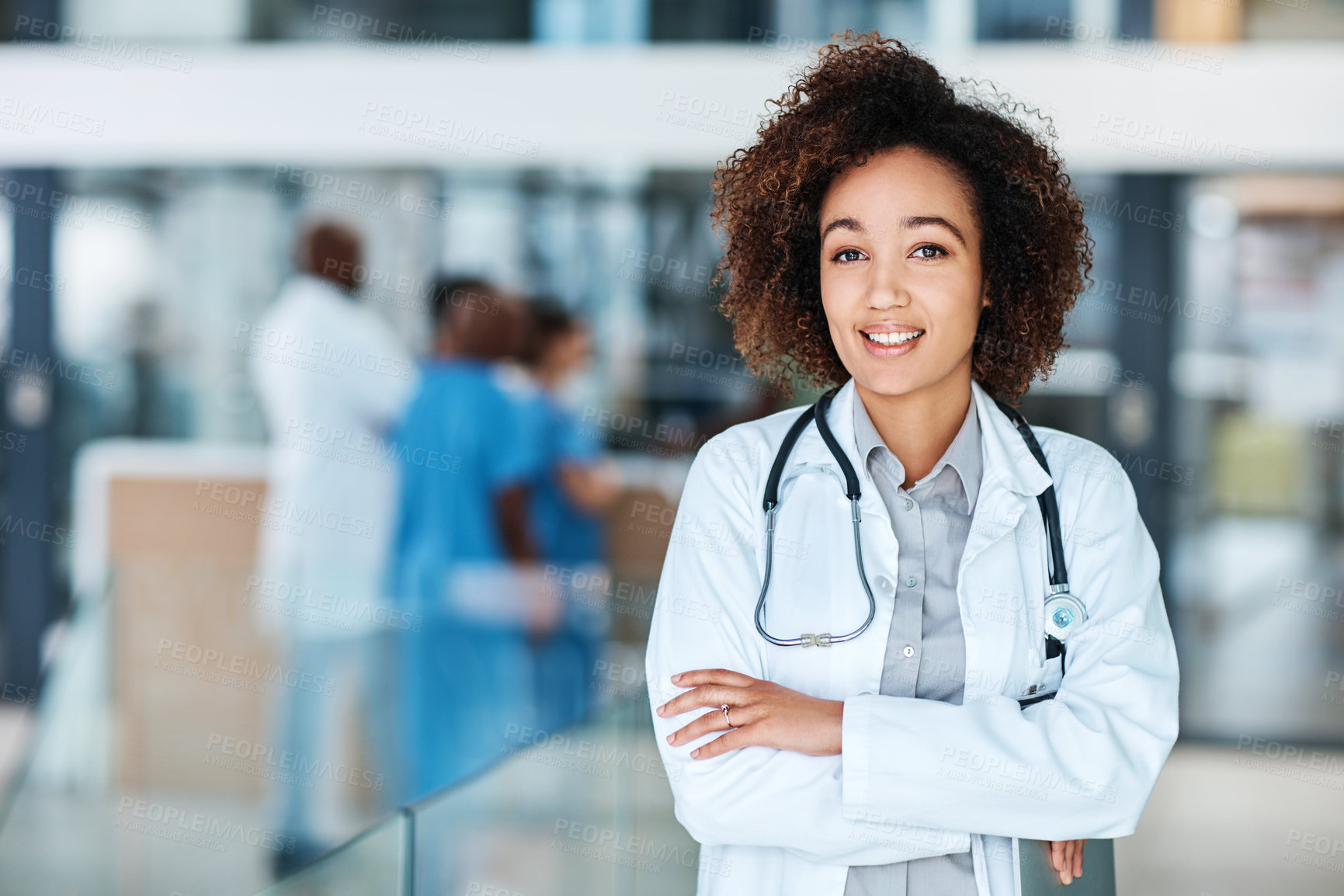 Buy stock photo Doctor, portrait and woman with arms crossed in hospital with health for confidence, medical support or wellness. Surgeon, care and African person with stethoscope for consulting, medicine or service