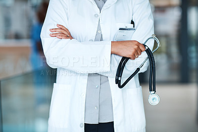 Buy stock photo Man, arms crossed and doctor for stethoscope in clinic, medicare and physician to listen to heart. Male person, surgery and cardiology specialist for consulting, medical tool and heartbeat monitor