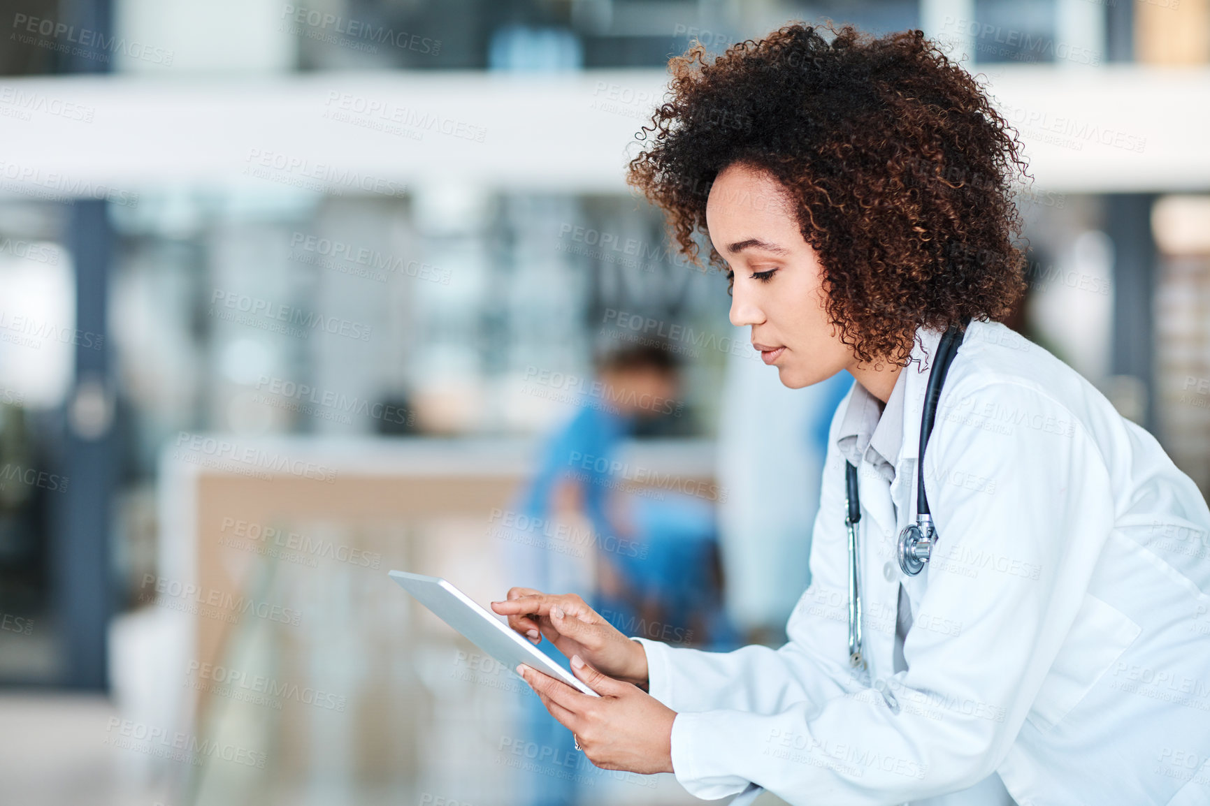 Buy stock photo Woman, doctor and searching on tablet in hospital, telehealth and online patient advice with medical employee. Wellness, research and clinic professional, scrolling and internet consultation on app