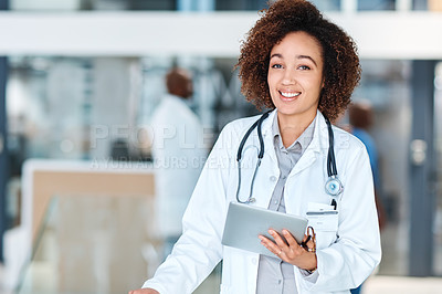 Buy stock photo Woman, happy and doctor portrait with tablet in hospital, telehealth and online patient advice with medical employee. Wellness, research and clinic professional, smiling and internet consultation