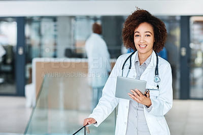 Buy stock photo Woman, happy and doctor portrait with medical tablet, telehealth and online patient advice with hospital employee. Wellness, research and clinic professional, smiling and internet consultation