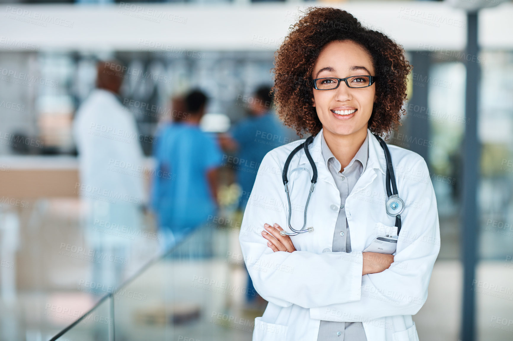 Buy stock photo Healthcare, portrait and woman with arms crossed in hospital for consulting, support or wellness. Doctor, trust and Cuban person with stethoscope for confidence, medicine or medical services