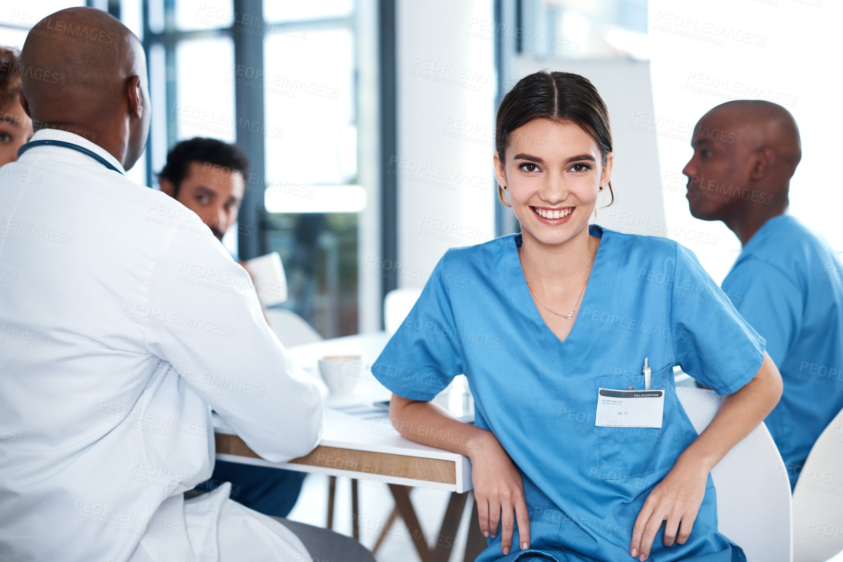 Buy stock photo Medical team, student doctor and portrait for healthcare, help and meeting in clinic or hospital. Woman, people and collaboration with happiness, pride and diversity for service, career or consulting