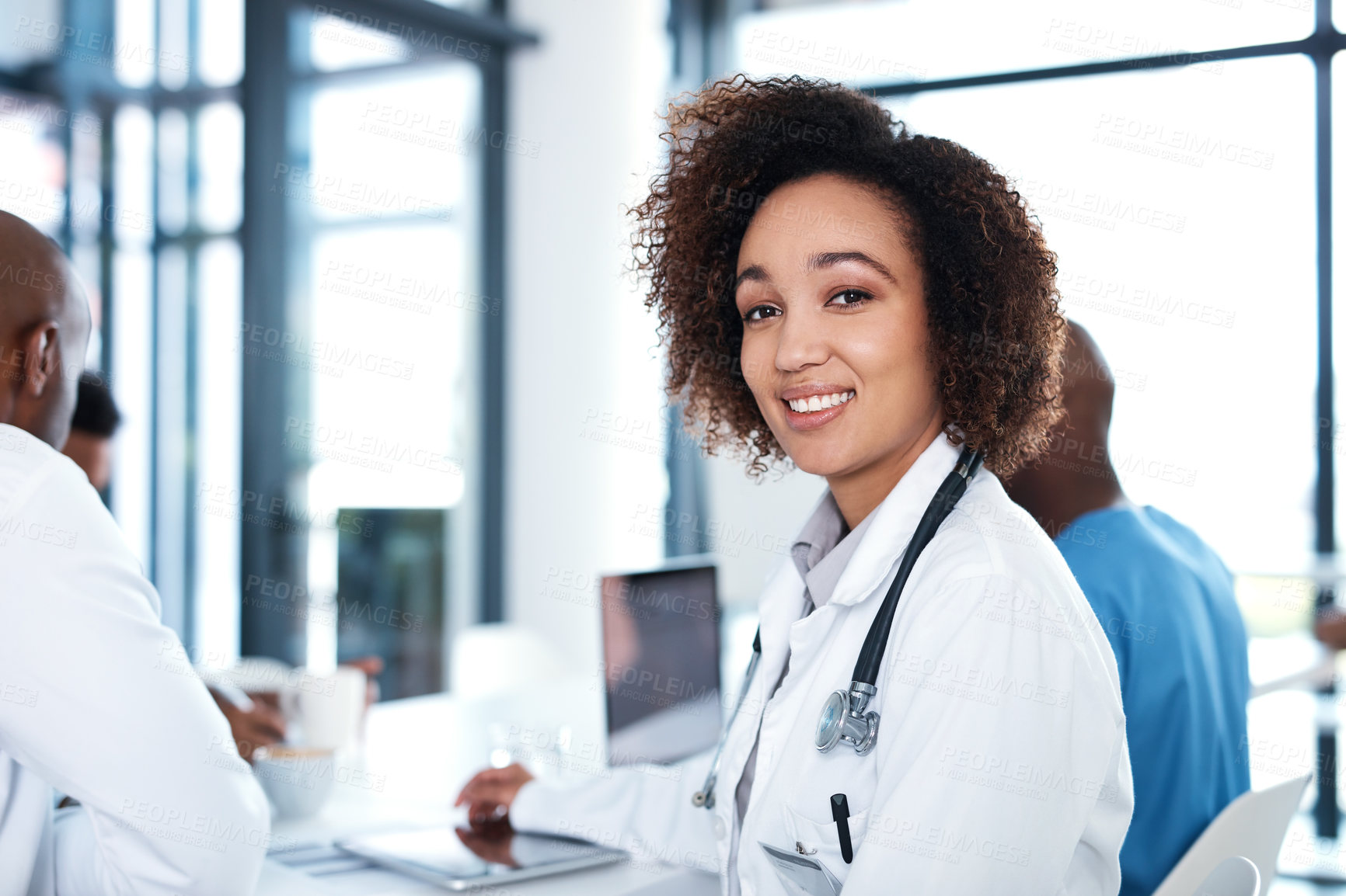 Buy stock photo Medicine, meeting and portrait of woman doctor in hospital boardroom for collaboration or planning. Healthcare, smile and stethoscope with medical group or team in clinic for integrity or trust