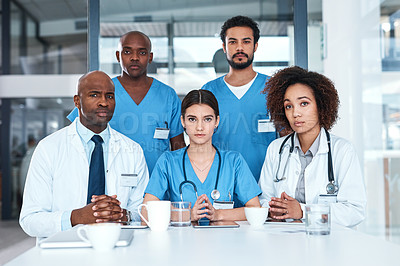 Buy stock photo Healthcare, meeting or portrait of doctors and nurses in hospital for collaboration or teamwork. Diversity, medical or planning with serious man and woman medicine group in clinic for consultation