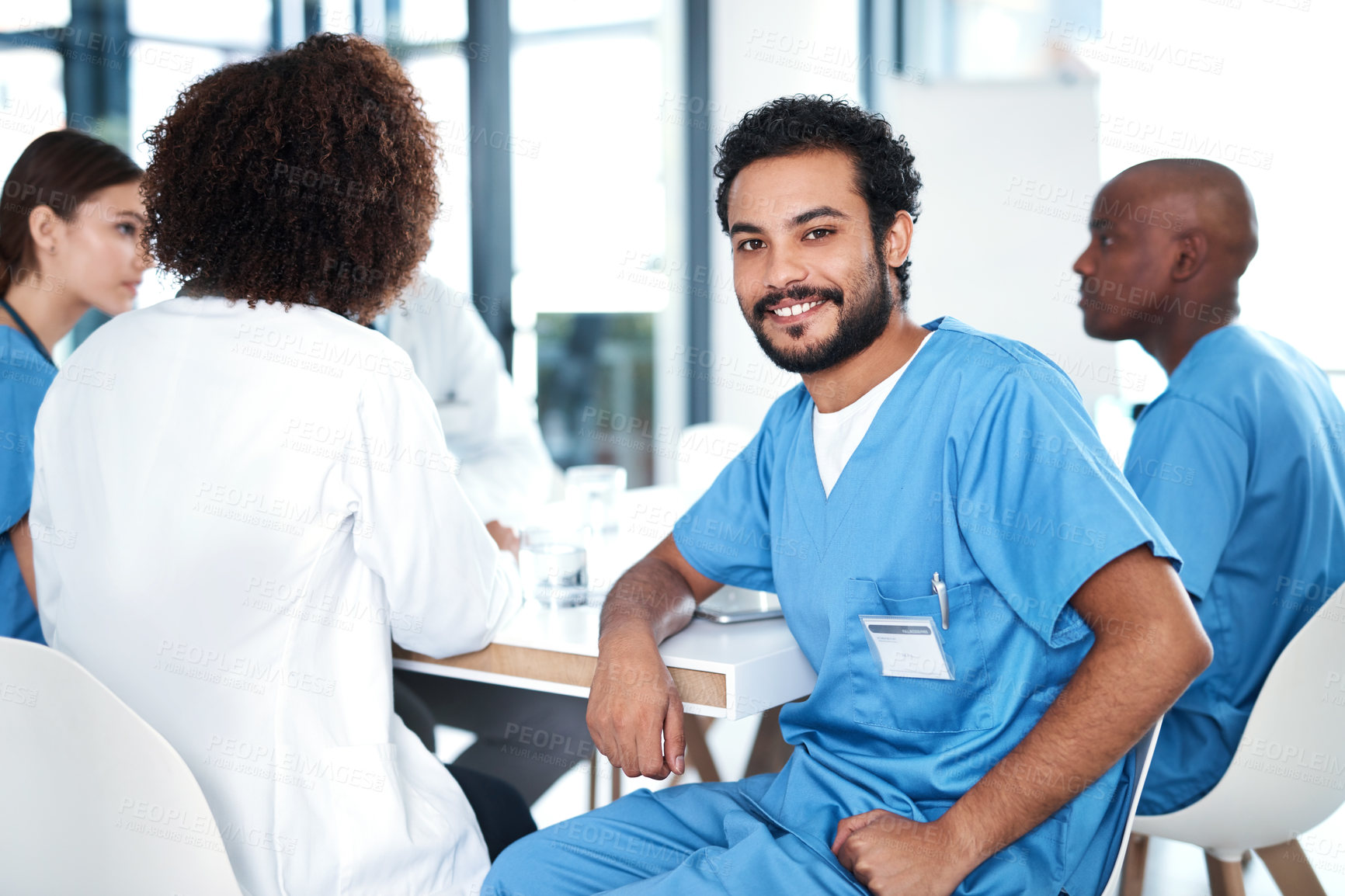 Buy stock photo Portrait, group and smile of physician, healthcare and colleagues in cafeteria, talking and hospital. Team, intern and medical professional in clinic, doctors and happy people with confidence