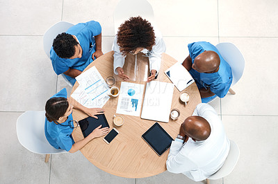 Buy stock photo Doctors, team and paperwork for healthcare in hospital, collaboration and top view of table. Employees, communication and documents for surgery agenda, solidarity and brainstorming for treatment plan