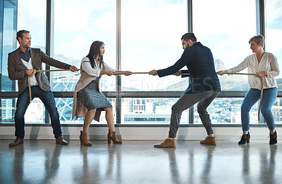 Buy stock photo Business people, rope and pulling in office for challenge with tug of war, rival company and strong teamwork. Staff, collaboration and help with opposition, partnership and work competition or battle
