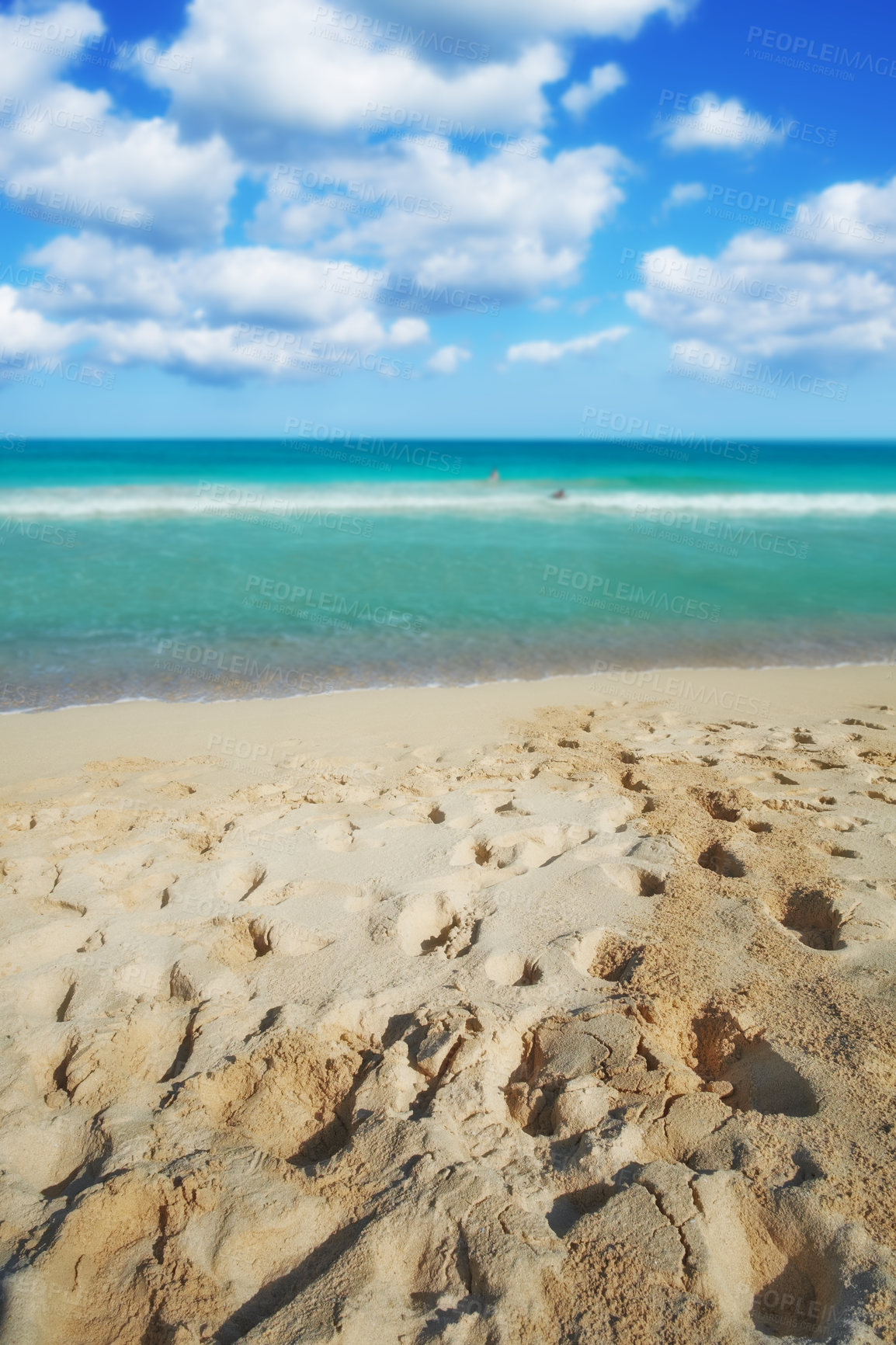 Buy stock photo Ocean, sand and travel with view of beach for summer vacation, adventure or tropical island. Journey, waves and cloud with steps in nature for holiday destination, sea and blue sky in Hawaii