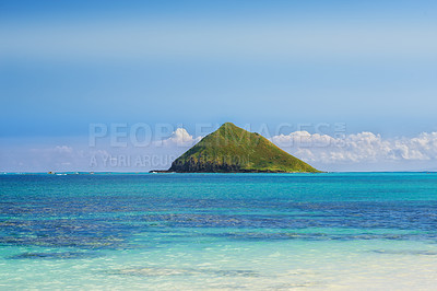 Buy stock photo Tropical, island and ocean with sky or sunshine for vacation in hawaii or nature for calm, relax in outdoor. Travel, holiday and tropic with sea or mountain in summer for adventure with clouds.

