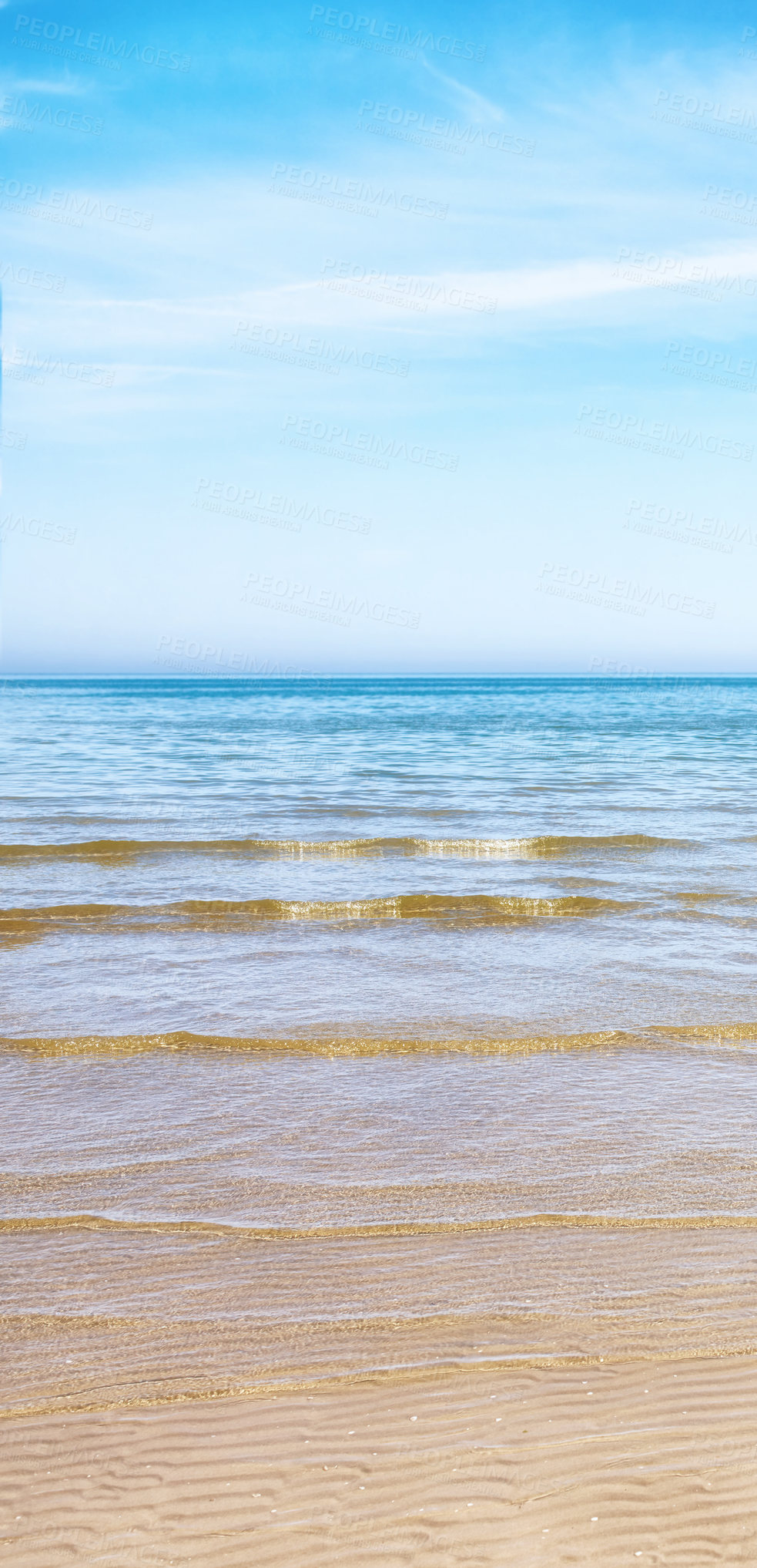 Buy stock photo Copy space at the beach with a blue sky background above the horizon. Calm ocean waves across an empty sea along the sandy shore. Peaceful and tranquil landscape for a relaxing and zen summer holiday