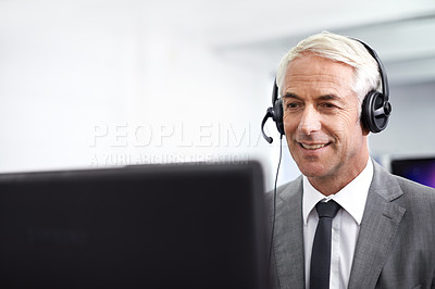 Buy stock photo Call center, customer service and man in office with headset working on online telemarketing consultation. Career, ecommerce and male consultant or agent with crm service communication in workplace.
