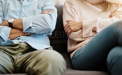 Buy stock photo Divorce, sad and couple fight due on a couch due to marriage problem or conflict in a lounge sofa. Anger, fail and angry people or partner frustrated in a living room due to cheating or argument