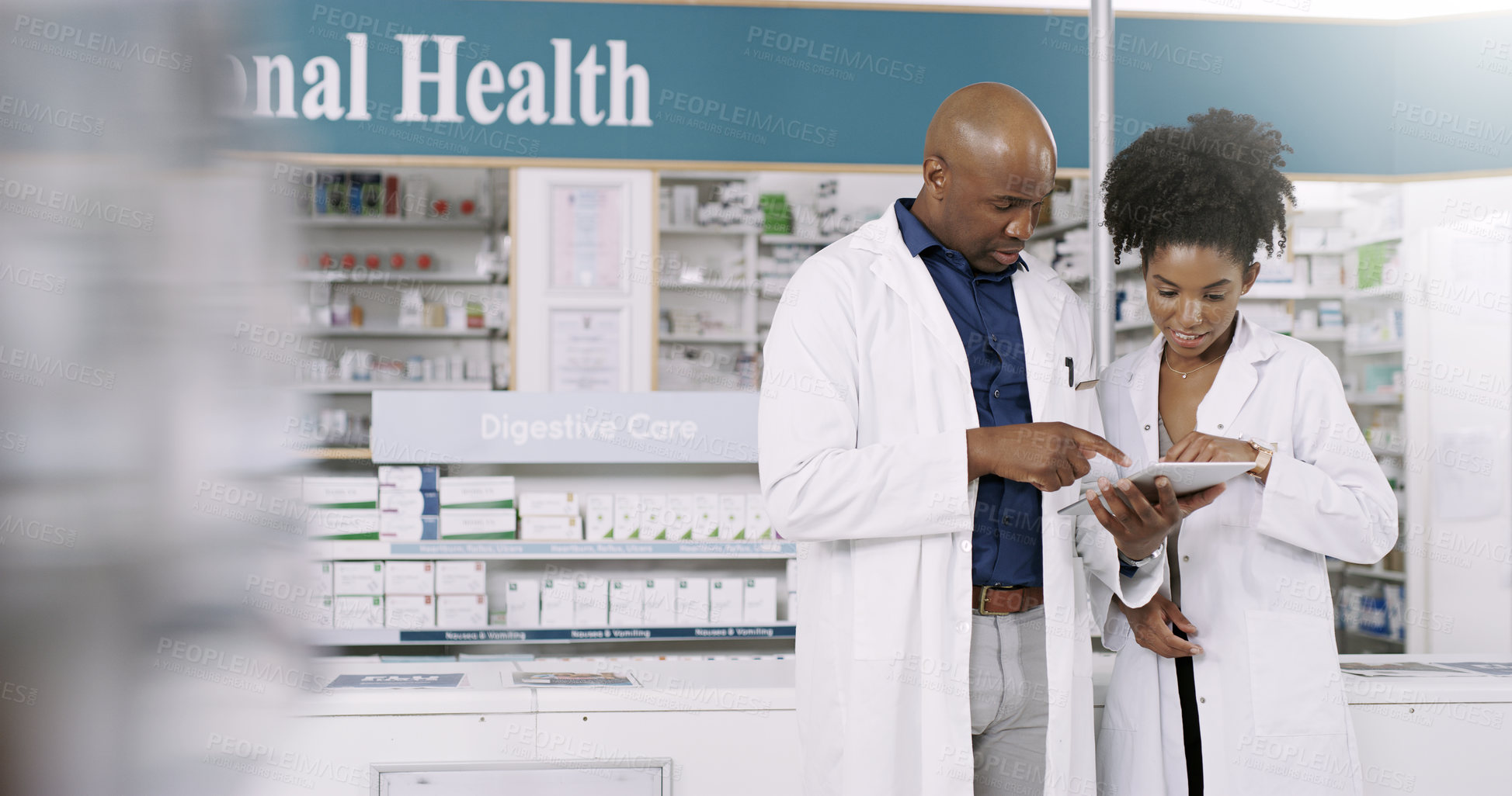 Buy stock photo Pharmacist, team and healthcare with tablet for inventory, pharmaceutical stock or medical data at pharmacy. Black man, woman or health employees with technology for online prescription at dispensary