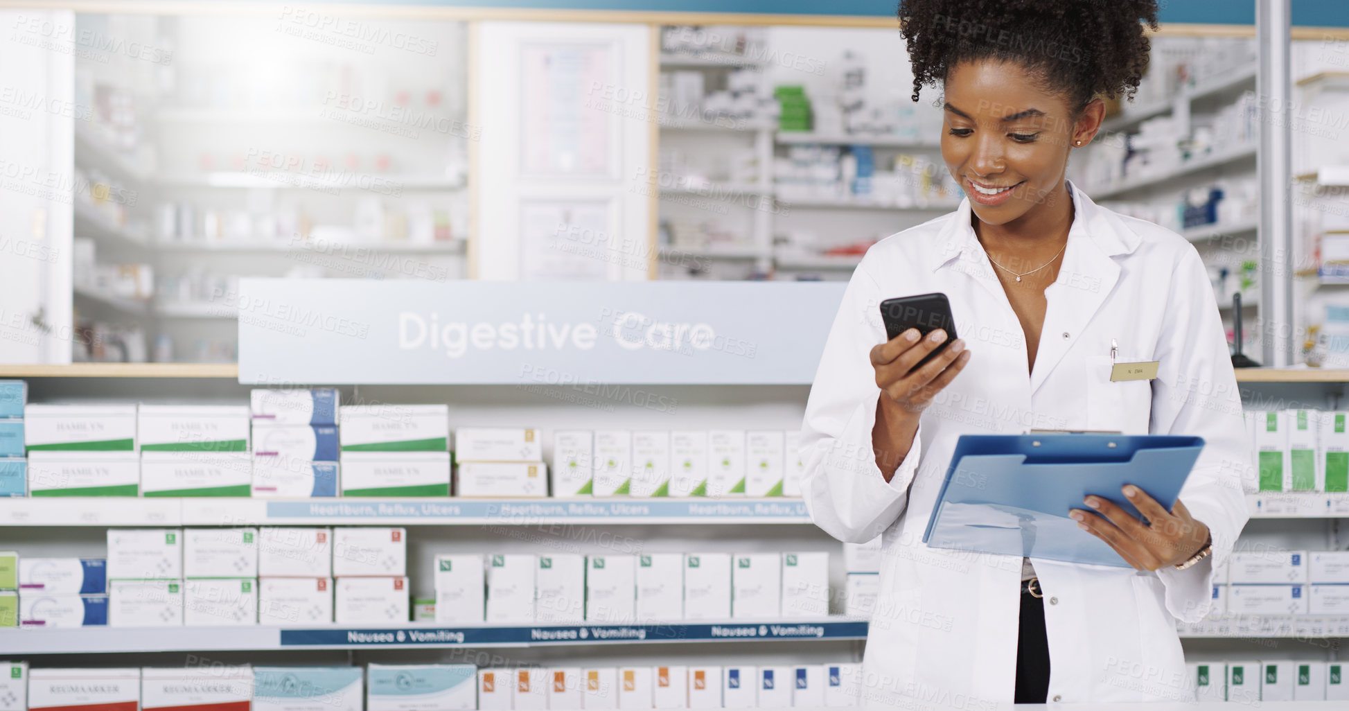 Buy stock photo Happy black woman, pharmacist and phone with folder on pharmaceutical stock or inventory at pharmacy. Young African or female person with smile on mobile smartphone for telehealth at dispensary store